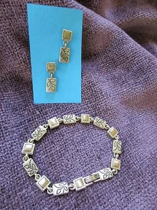 Silvertone w/Goldtone Accent Rectangle & Square Link Bracelet + Pierced Earrings - Picture 1 of 8