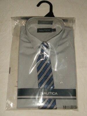 NEW BOYS NAUTICA SOLID GRAY COTTON/POLY L/S DRESS SHIRT W/BLUE CLIP-ON TIE SZ 10 - Image 1 of 2
