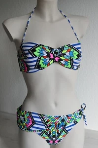 Designer Neckholder Bandeau Bikini Brasilian Style Neon Rauten Ethno Bunt S M - Picture 1 of 5