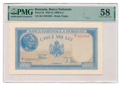 ROMANIA banknote 5000 Lei 1943 PMG AU 58 Choice About Uncirculated - Image 1 of 2