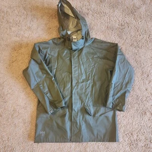 Helly Hansen Jacket Mens Medium Green Workwear Hooded Rain Coat Water Resistant - Picture 1 of 14