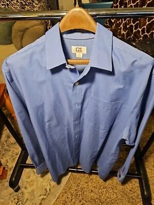 Cutter & Buck Shirt Men's L Button Down Formal Mini Herringbone Blue Easy Care - Image 1 of 4