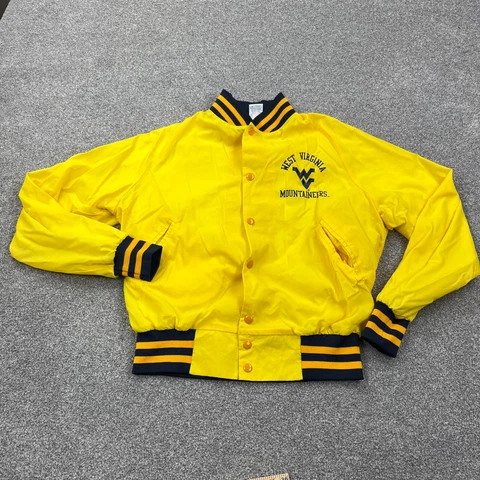 Vintage West Virginia Mountaineers Jacket Men Medium Yellow Satin Bomber USA 80s Cover