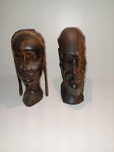 Vintage Pair African Hand Carved Ebony Wood Female & Male Head Statue Bust - Picture 1 of 24