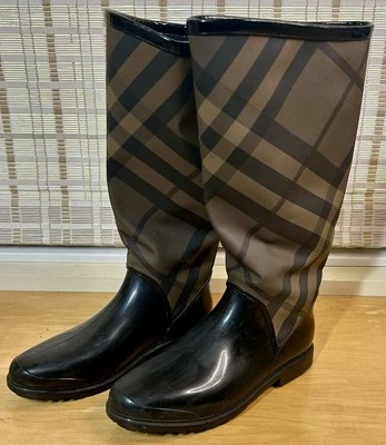 AUTHENTIC Burberry Smoked Brown Check Rain Boots Women's Size EU 40 US 9 UK 6.5 - Image 1 of 4