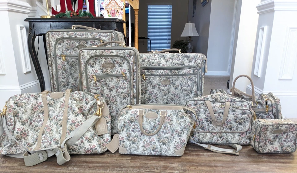 Vintage French Luggage Co 8 Pc Set Gray Floral Rose Tapestry Suede Leather USA - Image 1 of 4