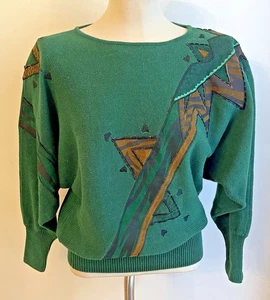 Suéter Vintage Años 80 Cedros Adornado Verde Cuero Cuentas Dolman Negro Grande - Imagen 1 de 8