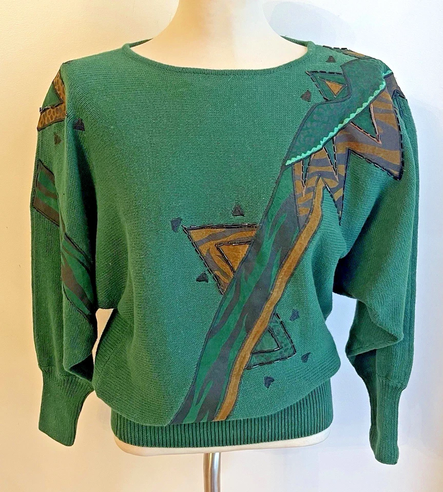 Suéter Vintage Años 80 Cedros Adornado Verde Cuero Cuentas Dolman Negro Grande Foto 1 de 4