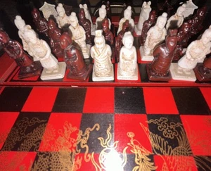 Vintage Chinese Terracotta Warrior Chess Set w/ Wood Box/Board & Dragon Design - Picture 1 of 11