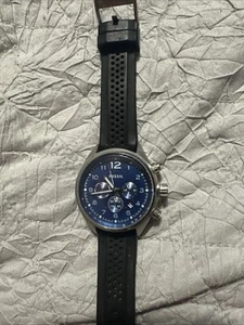 Fossil CH2694 Men Chrono Watch 47mm Blue Dial Silver Tone Black Band New Battery - Picture 1 of 4