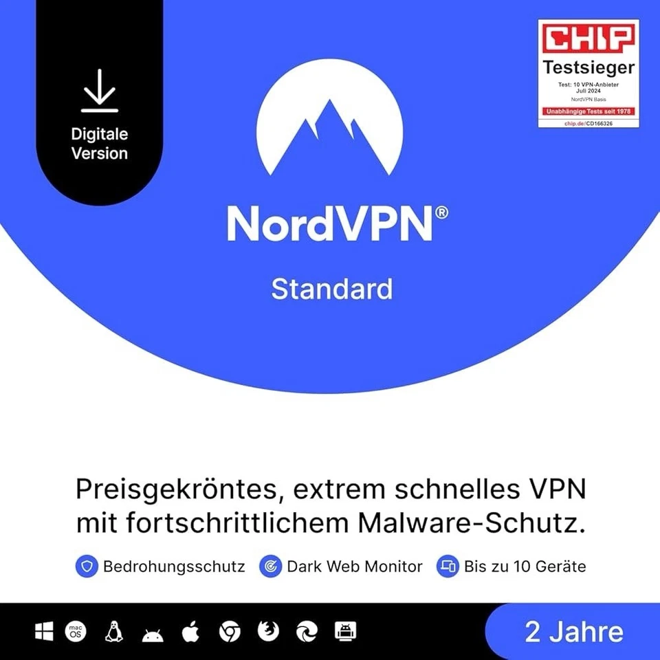 NordVPN Standard, 10 Geräte, 2 Jahre, VPN & Cybersicherheit, digitaler Code - Bild 1 von 1