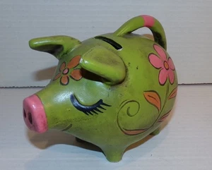 MCM 1960-70s Mod Ceramic Green w/ Pink Flowers Ceramic Pig Piggy Bank - Picture 1 of 9