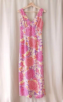 Vestido Floral Maggy London Vintage Talla 6 100% Seda Cuello en V Años 70 Ambiente Sin Mangas  Foto 1 de 4