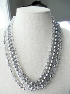 VTG Hand Knotted Crystal Bead & Faux Pearl Chain Accents Multi Strand Necklace - Picture 1 of 9