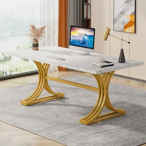 Tribesigns 160 cm Large Office Desk, Modern Rectangle Executive Desk, White/Gold - Picture 1 of 7