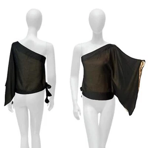 Camicia Vertigo XS maglia nera manica larga a campana una spalla cravatta laterale camicia a nastro - Foto 1 di 3