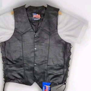 USA Leather NWT Classic Side Lace Vest Size Large Black Bikercore Riding Retro - Picture 1 of 5