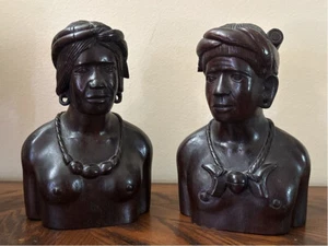 Exquisite Large 8" Wooden Hand Carved Tribal Bust Pair Man Woman vtg - Picture 1 of 6
