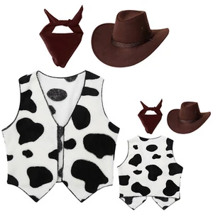 Kids Girls/Boys Western Costume Cow Print Vest with Cowboy Hat Cowgirl Outfit - Picture 1 of 72