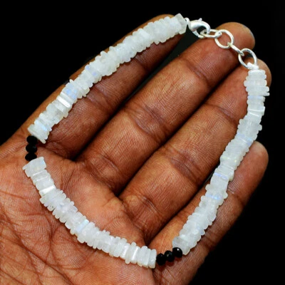 58.00 Cts Natural 8" Long Blue Flash Moonstone & Spinel Beads Bracelet NK 09L767 - Image 1 of 2