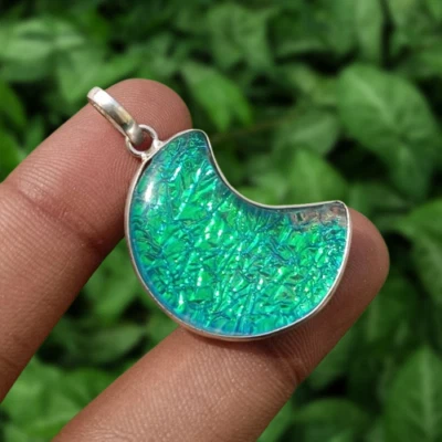 Wow Vidrio Dicroico/Piedras Preciosas 1 PIEZA Colgante Luna Chapado en Plata 925 Joyería Hecha a Mano Foto 1 de 4