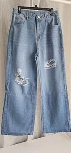 Women Ripped Cutout High Waist Wide Leg  Denim Jeans Light Wash Size US 8/10 NEW - Picture 1 of 2