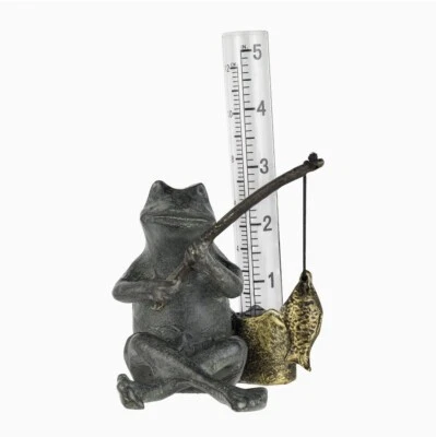 Frog Fisherman Rain Gauge Watcher Fishing Garden Stake Fish Metal SPI Home - Image 1 of 3