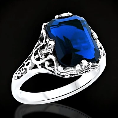 ROYAL BLUE 925 STERLING SILVER FILIGREE RING SIMULATED SAPPHIRE           #1295 - Image 1 of 4