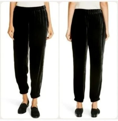 Eileen Fisher Black Velvet Stretch Silk Blend Jogger Pants Elastic Waist Small - Image 1 of 4