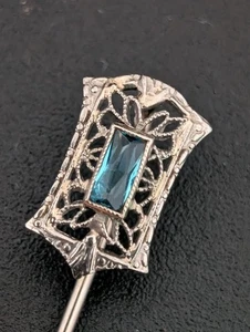 Vintage 10K White Gold Aquamarine Filigree Stick Pin - Picture 1 of 8