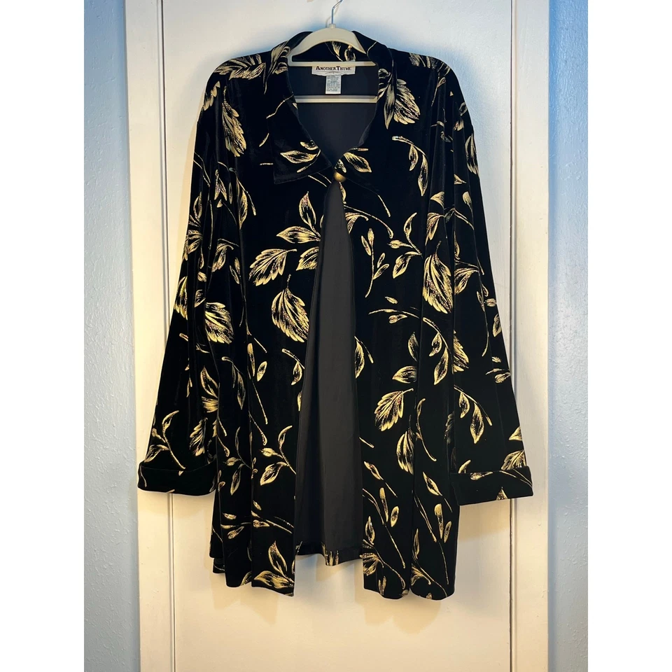 VTG Another Thyme Cardigan Jacket 4X Black Velvet Gold Glitter Leaves Whimsigoth - Image 1 of 4