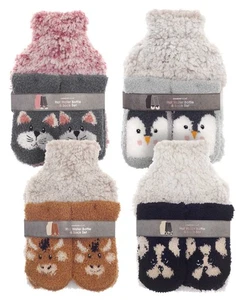 Kuscheltier Hausschuhe Socken & Sherpa Fleece Wärmflasche Geschenkset - Bild 1 von 10