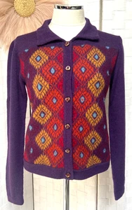 Alpaca Purple Red Orange Diamond Argyle Cardigan Button Down Sweater Sz S FXK - Picture 1 of 17