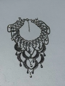 Boho Tribal Bohemian Three Tier Silver Tone Black White Statement Bib Necklace - Picture 1 of 3