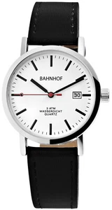 Bahnhof Uhr Herren Armbanduhr Männer Quarzuhr Datum Kunstlederband Schwarz 3 ATM - Bild 1 von 10
