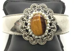 Sterling Silver Tiger's Eye Pearl Halo Swirl Flower Chunky Cuff Bangle Bracelet - Picture 1 of 2
