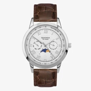 Orologio da uomo Sekonda fasi lunari giorno e data cinturino in pelle marrone 30146 prezzo di ricambio £69,99 - Foto 1 di 10