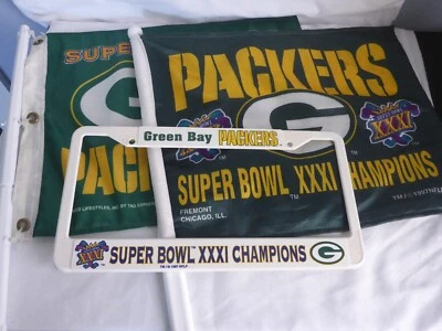 Banderas de coche vintage Packers Superbowl XXXI Championship 2 y marco de matrícula Foto 1 de 4