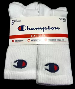Champion Socks Mens 6-12 Crew White 6 Pairs Double Dry Arch Support Cushioned - Picture 1 of 11