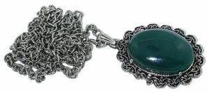 Vintage 25x18 Oval  Emerald Green Agate Cab Antique Silver Pendant 24 Inch Chain - Picture 1 of 2