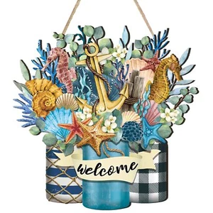 Welcome Summer Sign Ocean Beach Wooden Hanging Wreath Decor Ornament Wood Far... - Picture 1 of 7