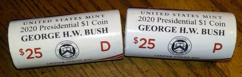 Two $25 Rolls - 2020 - D & P Mint- George H.W. Bush Presidential $1 Coins Cover