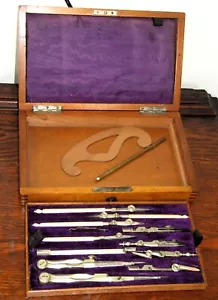 Antique Vintage Walnut Box Draftsman Drawing Set Geometry Technical Engineering - Foto 1 di 9