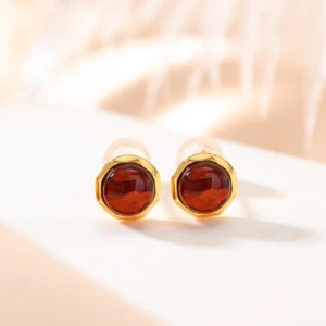 F02 Ohrringe roter Bernstein Blutbernstein Rand gekerbt vergoldet Silber 925 - Bild 1 von 4