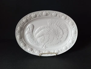 Vintage Thanksgiving Turkey Platter Embossed Pumpkins Taiwan White Ceramic 18” - Picture 1 of 5