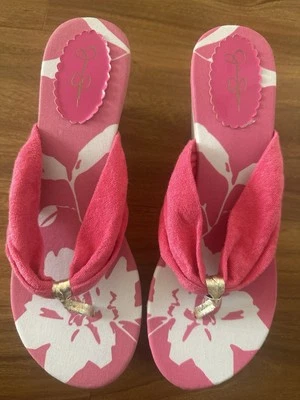 Chanclas plataforma cuña JESSICA SIMPSON ROSA Y BLANCO TELA DE RIZO NUEVAS talla 10 Foto 1 de 4