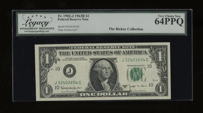 DBR 1963-B $1 FRN Kansas City Barr Fr. 1902-J Legacy 64 PPQ Serial J32403654C - Image 1 of 2