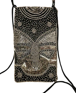Borsa Bamboo Trading Co Club The Gatsby nera e argento tracolla/portafoglio con perline - Foto 1 di 10