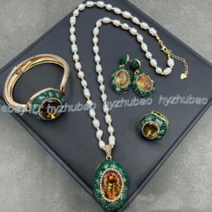 Orecchini intarsiati gemme cristallo zultanite perle bianche anello bracciale ciondolo collana - Foto 1 di 11
