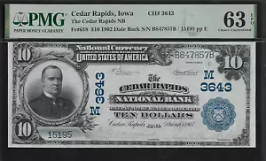 US Cedar Rapids, Iowa 10 Dollars 1902 PMG 63 EPQ UNC Fr #618 The Cedar Rapids NB - Picture 1 of 4